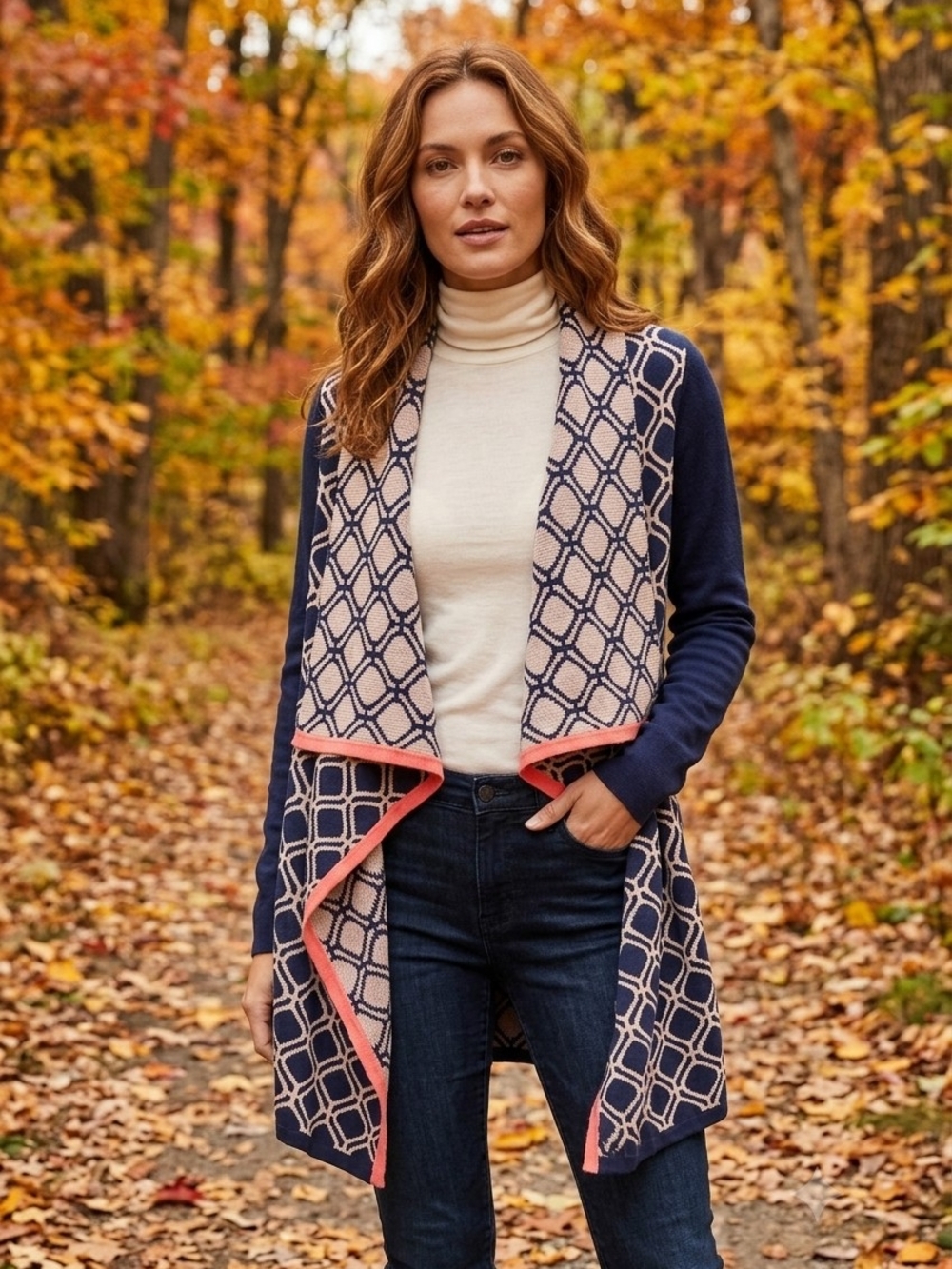 THML Navy and Cream Geometric Open-Front Cardigan with Coral Trim